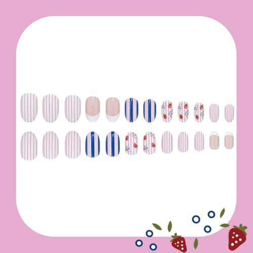 Image of 24Pcs Striped Press on Nails Strawberry Fake Nails Medium Oval False Nail with Blue Pink Design Reusable Glossy Full Cover Summer Stick on Nail for Women Manicure