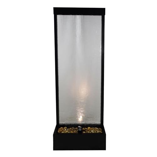 Image of Alpine Corporation MLT170L 72 inch Waterfall Fountain with LED Light Cascading Textured Glass & Aluminum Floor Design, Indoor, Black