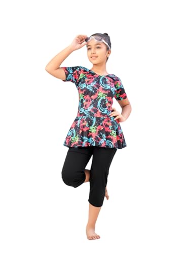 Maillot de bain avec lunettes fille noir et imprimé abstrait Aarika