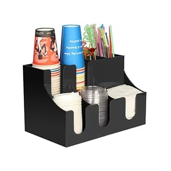 Coffee Dispenser Organiser Storage of Accessories - Coffee Bar for Sugar Disposable Cups Milk Napkins Capsules - Coffee Station Acrylic Black 7 Compartments