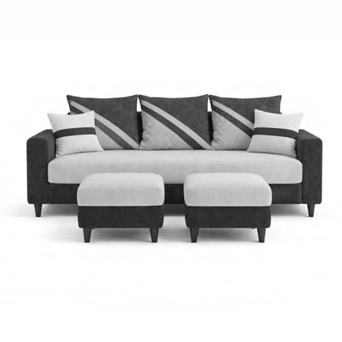 Image of SLEEPIFY Covelle 3 Seater Sofa Set with 2 Ottoman (Dark Gray - Light Gray) | Premium Soft Velvet | Plush Comfort Cushions | Modern Living Room Sofa | Spacious Comfortable Seating