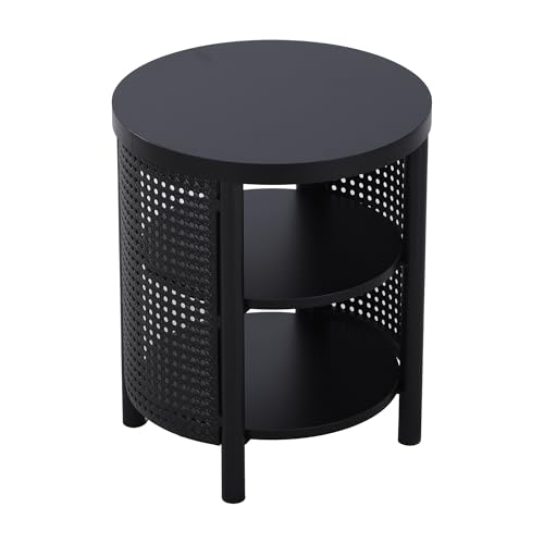 Image of 3 Tire Small Round Side Table with Iron Rattan, 17 inch Farmhouse Bohemian End Table with Storage Shelf, Wood Nightstand for Living Romm Sofa Couch, Bedroom (Black)