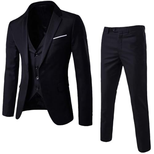 Mens 3 Piece Slim Fit Tuxedo Set, One Button Shawl Collar Solid Color Jacket Vest Pants, Stretch Suits Men, Complete Outfits