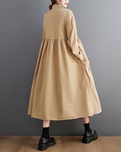 Image of Women's Shirt Dress Lapel Button Down Long Sleeve Flowy Hem Solid Color Patchwork Loose Oversize GZ278
