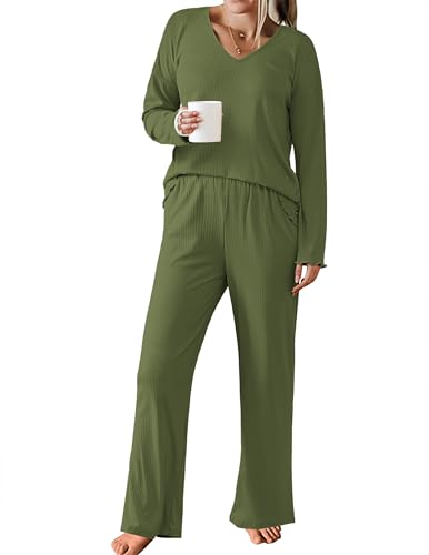 Ekouaer Womens Ribbed Knit Pajamas Set V Neck Long Sleeve Pj Set 2 Piece Loungewear Casual Sleepwear