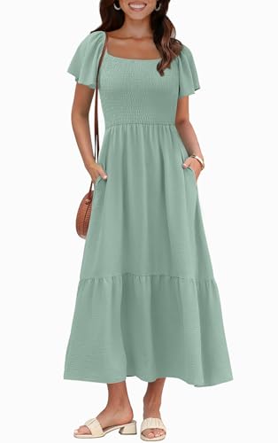 Image of OFEEFAN Summer Dresses for Women Square Neck Ruffle Sleeve Smocked Maxi Dress with Pockets