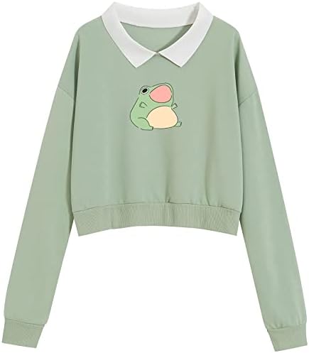 KIEKIECOO Cute Aesthetic Frog cropped Sweatshirt for Teen Girls Kawaii Cartoon Graphic Hoodie Womens Preppy Cotton Pullover (Green,L)