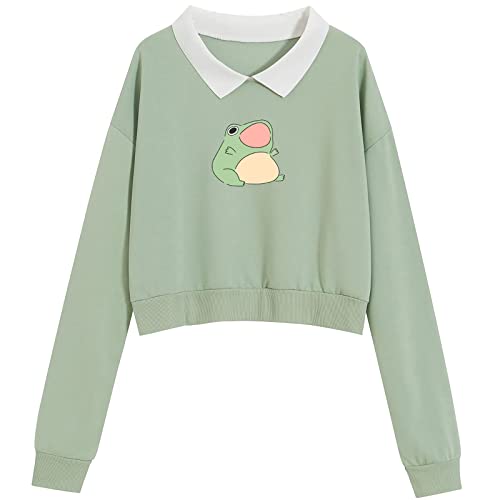 Kiekiecoo Cute Aesthetic Frog Cropped Sweatshirt For Teen Girls Kawaii Cartoon Graphic Hoodie Womens Preppy Cotton Pullover (Green,L) #TOP3