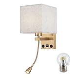 Moon rural Wall Sconces, Hardwired Wall Lamp with USB Port White Fabric Shade Bedside Wall Lights with Reading Lamp for Bedroom Living Room Hotels and Office (Gold)