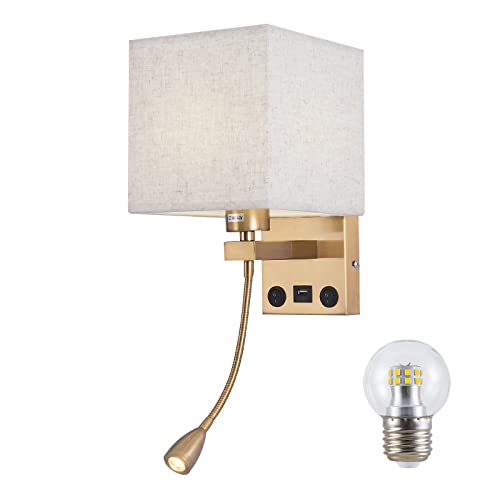 Moon rural Wall Sconces, Hardwired Wall Lamp with USB Port White Fabric Shade Bedside Wall Lights with Reading Lamp for Bedroom Living Room Hotels and Office (Gold)