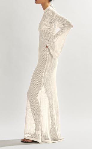 Saodimallsu Womens Crochet Cover Ups Long Sleeve Sexy Mesh Backless Knit Swimsuit Coverup Beach Maxi Dress2