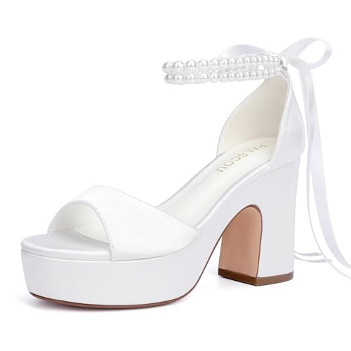 Platform Wedding Shoes for Bride Open Toe Bridal Shoes Pearl Heels Block Heel Wedding Sandals