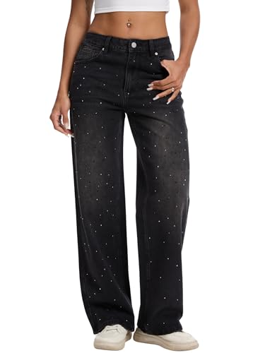 Womens Rhinestone Straight Wide Leg Jeans Vintage Wash Sparkling Baggy Denim Pants for Party Music Festival