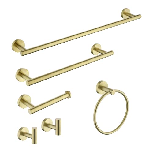 Photo 1 of 6-Pieces Brushed Gold Bathroom Hardware Set SUS304 Stainless Steel Round Wall Mounted Includes Hand Towel Bar,Toilet Paper Holder,Robe Towel Hooks,Bathroom Accessories Kit with Detailed Instructions