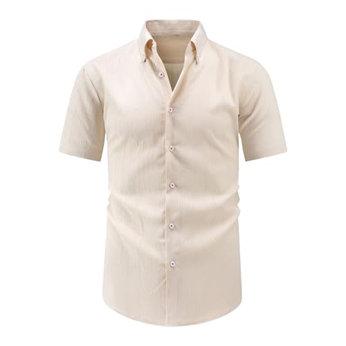 Camisas de verano para hombre, diseño de rayas arrugadas, ajuste clásico, para playa, texturizadas, con botones, manga corta, beige, XL