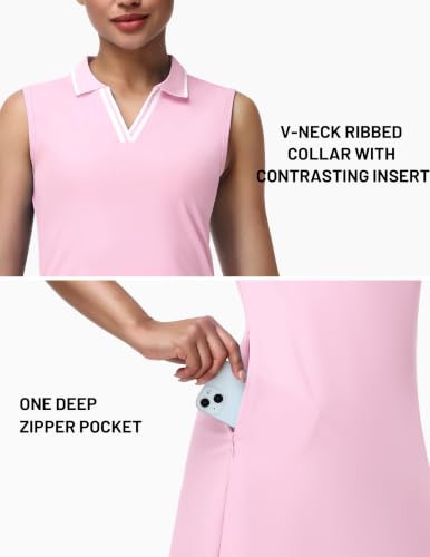Image of MIER Golf Dresses for Women V Neck Sleeveless Dress with Zip Pocket | For Tennis Pickleball Travel Casual, Soft Breathable, 4-Way Stretch Light Flowy, Ribbed Collar, Reflective Logo, Wrinkle Free