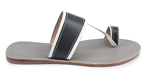 KORAKARI Men's Regular Wear Kolhapuri Chappal handmade Leather Grey Base White Blue Upper Smooth and Stylish Durable Comfortable Flip Flops Anti Slip Design slippers Traditional Indian Footwear