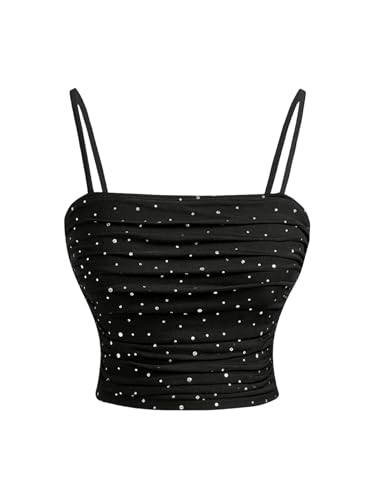 Floerns Women's Rhinestone Spaghetti Strap Crop Cami Top Ruched Going Out Camisole