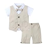 Kaerm Kinder Baby Junge Gentleman Anzug Kurz 2tlg Kinderanzug Jungenanzug Festlich Hochzeit Kurzarm Hemd Mit Weste Kurze Anzughose Streifen Leggings Outfits Beige 74-80