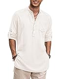 COOFANDY Men's Casual Linen Shirts White Long Sleeve Loose Fit Henley Shirts Solid Summer Beach Tunic Tops with Chest Pocket