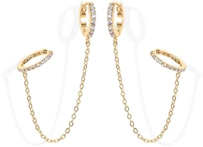 PAVOI 14K Gold Chain Earrings for Women, Cubic Zirconia Pearl Hoop Earrings for Women