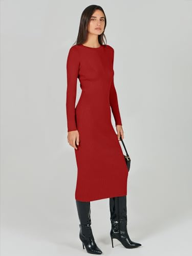Image of ANRABESS Women Long Sleeve Sweater Dress Crewneck Bodycon Stretch Slim Fit Ribbed Knit Midi Dresses 2025 Fall Trendy Outfits Red Medium