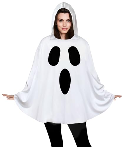 Oskiner Ghost Costume for Adults,White Ghost Poncho Hooded Cape,Spooky Halloween Costume for Women