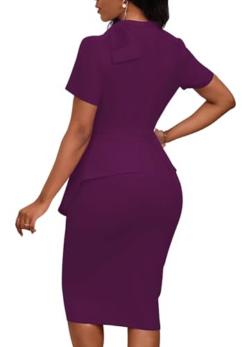 Image of PerZeal Women's Fashion Peplum Bodycon Short Sleeve Work Dresses Bow Club Ruffle Pencil Formal Cocktail Dress