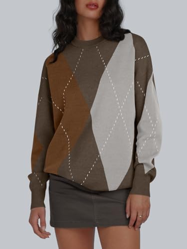 Image of Trendy Queen Women's Color Block Argyle Plaid Oversized Chunky Knit Crewneck Sweaters 2025