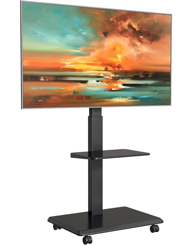 ECOTINY TV Ständer Rollbar aus Stahl für 37-75 Zoll Fernseher bis zu 50kg Schwenkbar Fernsehständer Höhenverstellbarer mit Ablage TV Bodenständer mit Versteckter Kabelverwaltung VESA 600 x 400mm