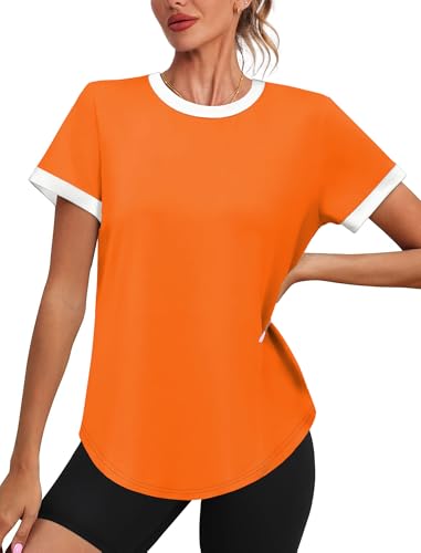 Image of Womens Workout Tops Summer Short Sleeve Shirts Athletic Color Block Gym Clothes Outfits Sun Protection UPF 50+ T Shirts