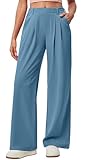 IUGA Wide Leg Pants Woman Pull on Stretchy Work Dress Pants High Waisted Business Casual Trousers Slacks Standard, Small, Light Blue