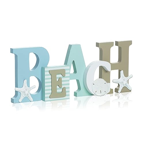 Wood Beach Word Sign with Applied Resin Sea Life -