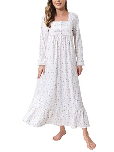Rubehoow Camisón vintage de manga larga con botones frontales para mujer, vestido de noche de algodón suave estilo victoriano con bolsillos, Rosa lila., XL Cover