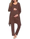 SWOMOG Maternity Nursing Robe Set 3 PCS Women Postpartum Pajamas Breastfeeding Labor Delivery Hospital Pregnancy Pjs (Coffee, X-Large)