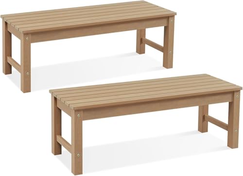 Psilvam Outdoor Bench, Two Person Poly Lumber Porch Bench, Weatherproof Garden Bench, All-Weather Patio Bench Suit for Garden, Porch and Park (2pcs, Teak)