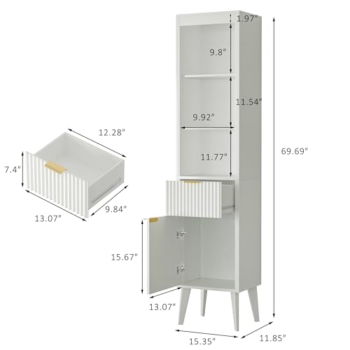 Image of 70-Inch Height Storage Cabinet with Fluted Doors, White Freestanding Modern Accent Floor Organizer for Kitchen, Pantry and Bathroom, w /Drawer & Adjustable Shelves