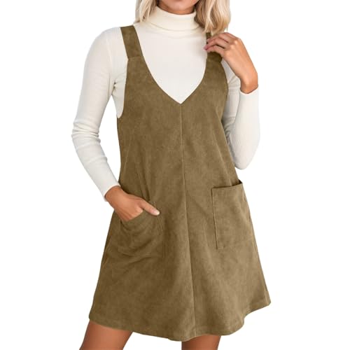 Latzkleid Damen Elegant Knielang Cordkleid Causal Cordrock Herbstkleid Kurz Cord Ärmellos Träger Minikleid Leicht Winterkleid Overall Dress...