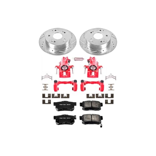 Image of PowerStop Rear Brake & Caliper Kit for Acura RSX 2002-06 | Honda Civic 2004-05 - Carbon-Fiber Ceramic Brake Pads + Drilled & Slotted Rotors + Red Powder Coated Calipers, KC2270A