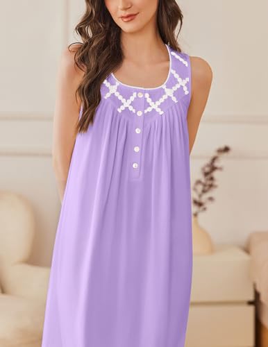 Ekouaer Nightgowns for Women Cotton Long Night Gown Sleeveless Sleep Dress Victorian Nightdress Ladies Sleepwear Light Purple X-Large2