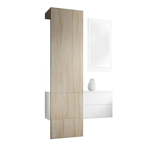 Vladon Penderie Carlton Set 2, Meuble d’entrée Comprenant 1 Panneau Porte-Manteau, 1 Coffre à tiroir et 1 Miroir Mural, Blanc Mat/chêne Brut (105 x 193 x 35 cm)