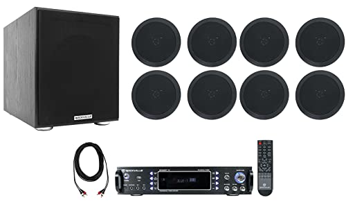 Rockville Bundle: RPA60BT V2 Bluetooth Karaoke Amp Mixer Bundle with (8) HC55-16 in-Ceiling Home Theater Speakers, Rock Shaker Subwoofer Sub, RCDR25B Dual RCA to Dual RCA Pro Audio Cable (11 Items)