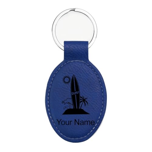LaserGram Oval Keychain, Surfboard, Personalized Engraving Included (Dark Blue with Black)