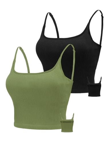 Image of Chilylori Seamless Sports Bra Cropped Tank Top with Adjustable Strap 2 Pack | Workout Tops Ribbed Sports Bra for Women Wireless Longline Crop Tank Padded Comfortable Brami