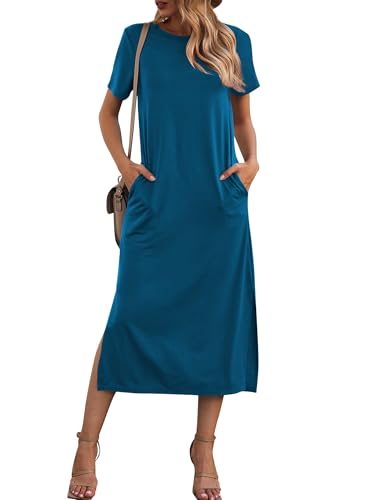 Image of Naggoo Summer Dresses for Women Short Sleeve Side Slit Long T Shirt Dress Beach Sundress Travel Vacation Outfits with Pockets