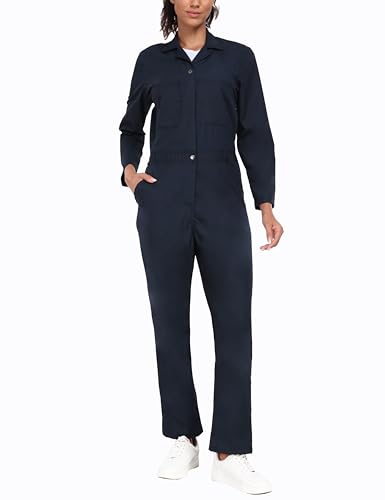 wantdo Long Sleeve Coveralls for Women, Twill Work Jumpsuits, Navy, XXL