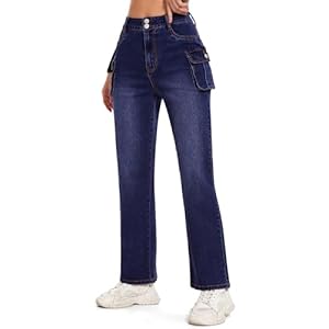 SEASUM Women’s High Waisted Jeans Stretch Raw Hem Straight Leg Denim Pants Cargo Jeans with Pockets