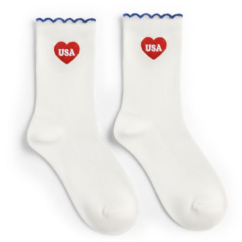 xo, Fetti America 250 USA Socks - White Crew Socks with Red Heart | Patriotic Party Decor, Fourth of July Outfit, America Birthday Gift, USA Celebration, Red White Blue Accessories