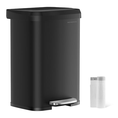 SONGMICS Mülleimer Küche, 50 Liter Abfalleimer, Tretmülleimer aus Metall, mit Deckel, hoch, schmal und geräumig, schwarz LTB530B5002