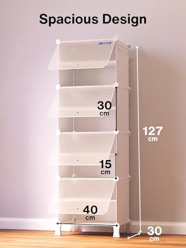 Image of BOXJOY 8 Shelf Shoe Rack with 4 Translucent Doors, 5 Hook Steel Holder & Wooden Hammer, Home Storage PP Plastic Organizer with Metal Door Frame to Cover Chappal Slipper Sandals Shoes Box Stand (White)
